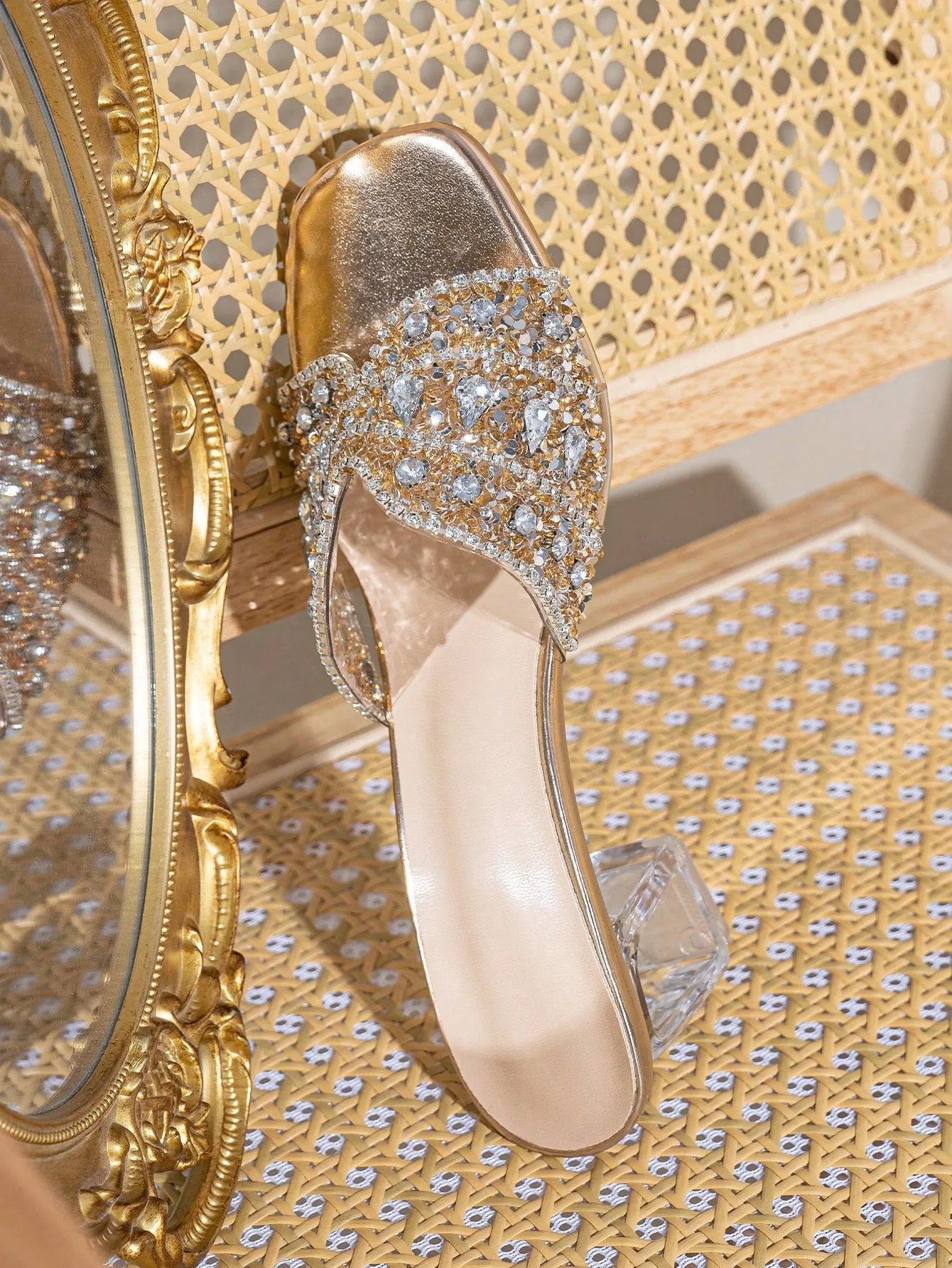Square Toe Glass Diamond Shank With Crystal Decor Sandals- FD ⚡