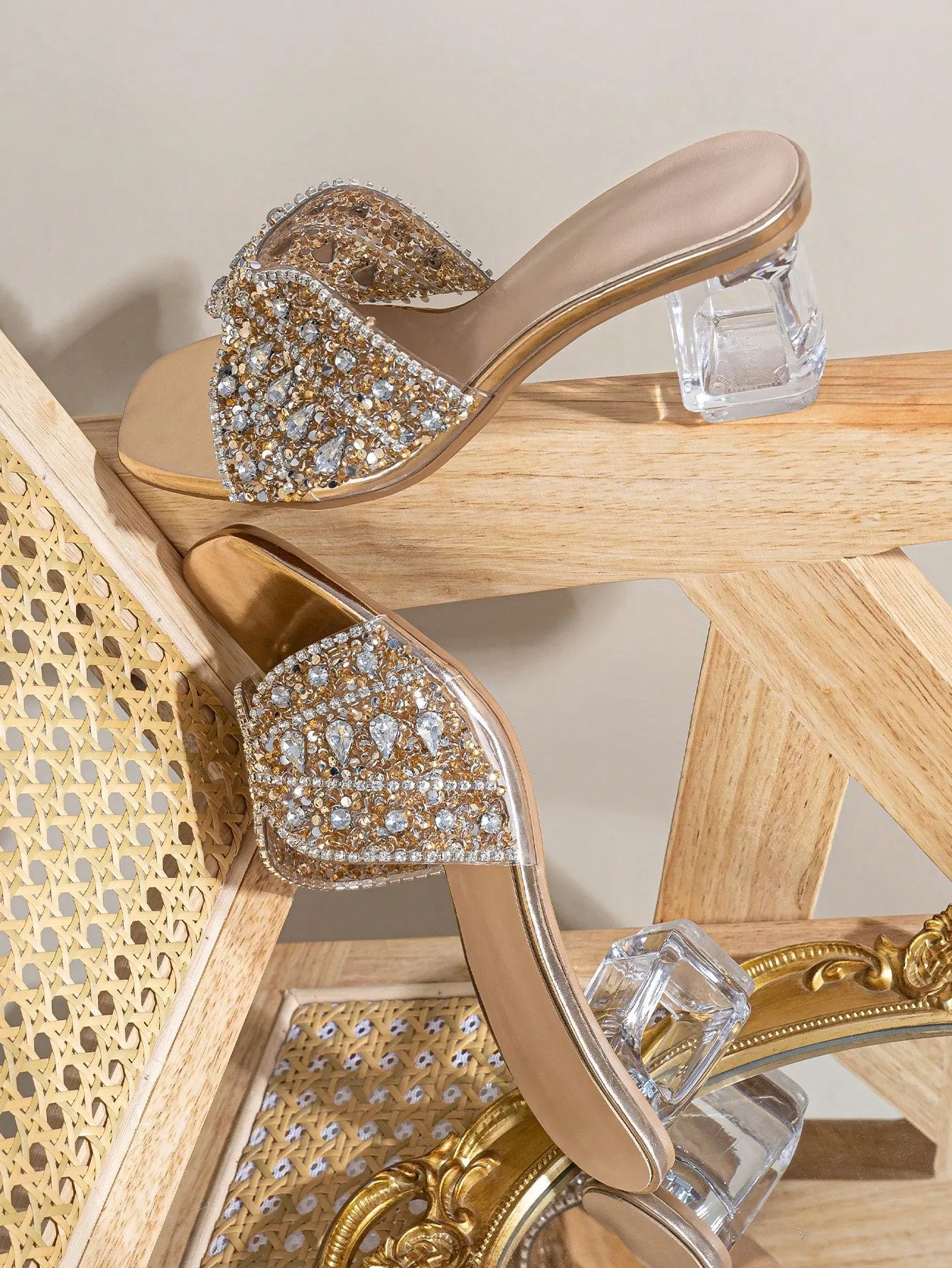Square Toe Glass Diamond Shank With Crystal Decor Sandals- FD ⚡