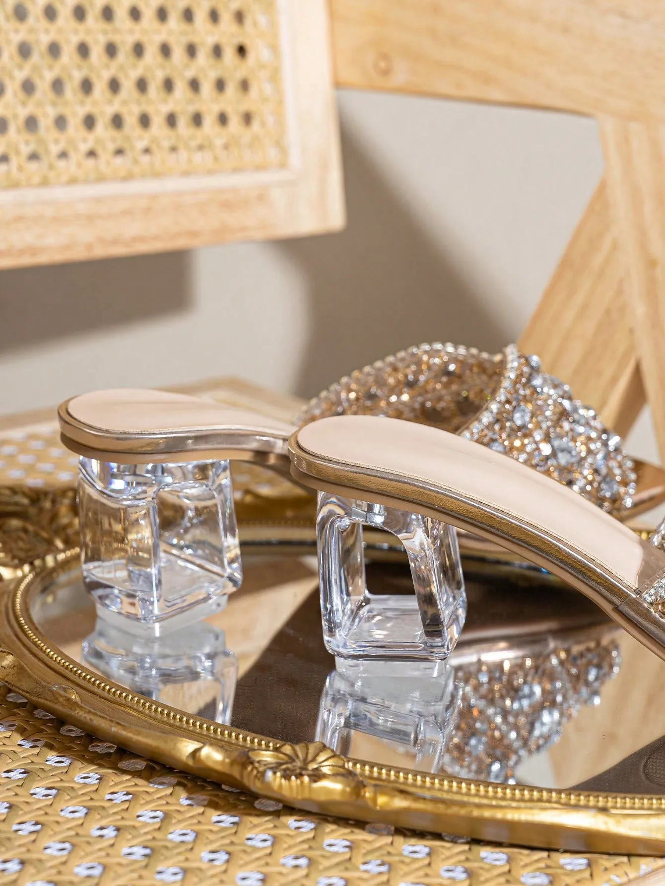 Square Toe Glass Diamond Shank With Crystal Decor Sandals- FD ⚡
