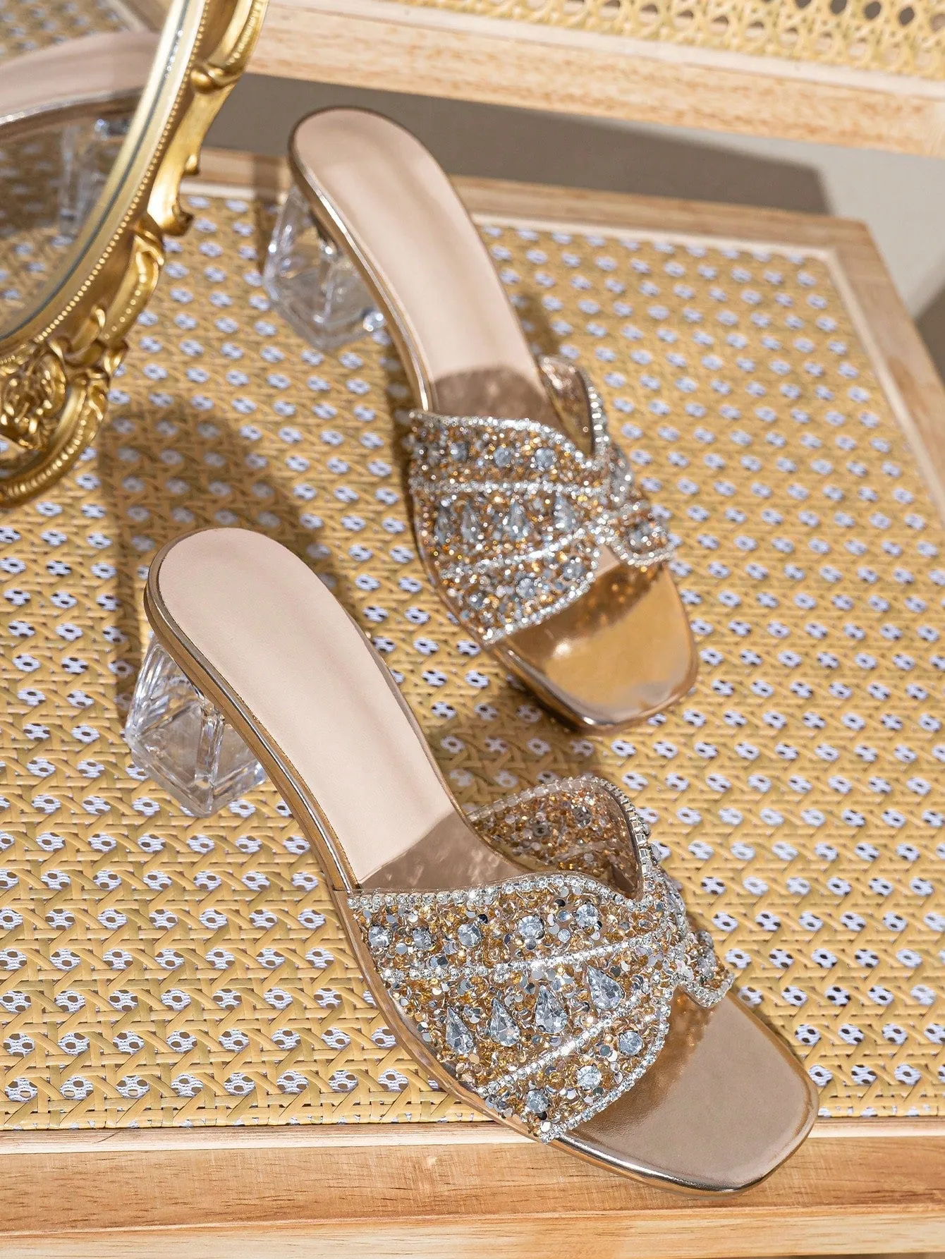 Square Toe Glass Diamond Shank With Crystal Decor Sandals- FD ⚡