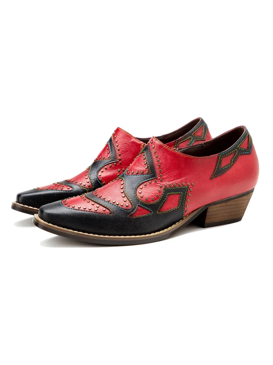 Studded  Genuine Leather Low Heel Loafers