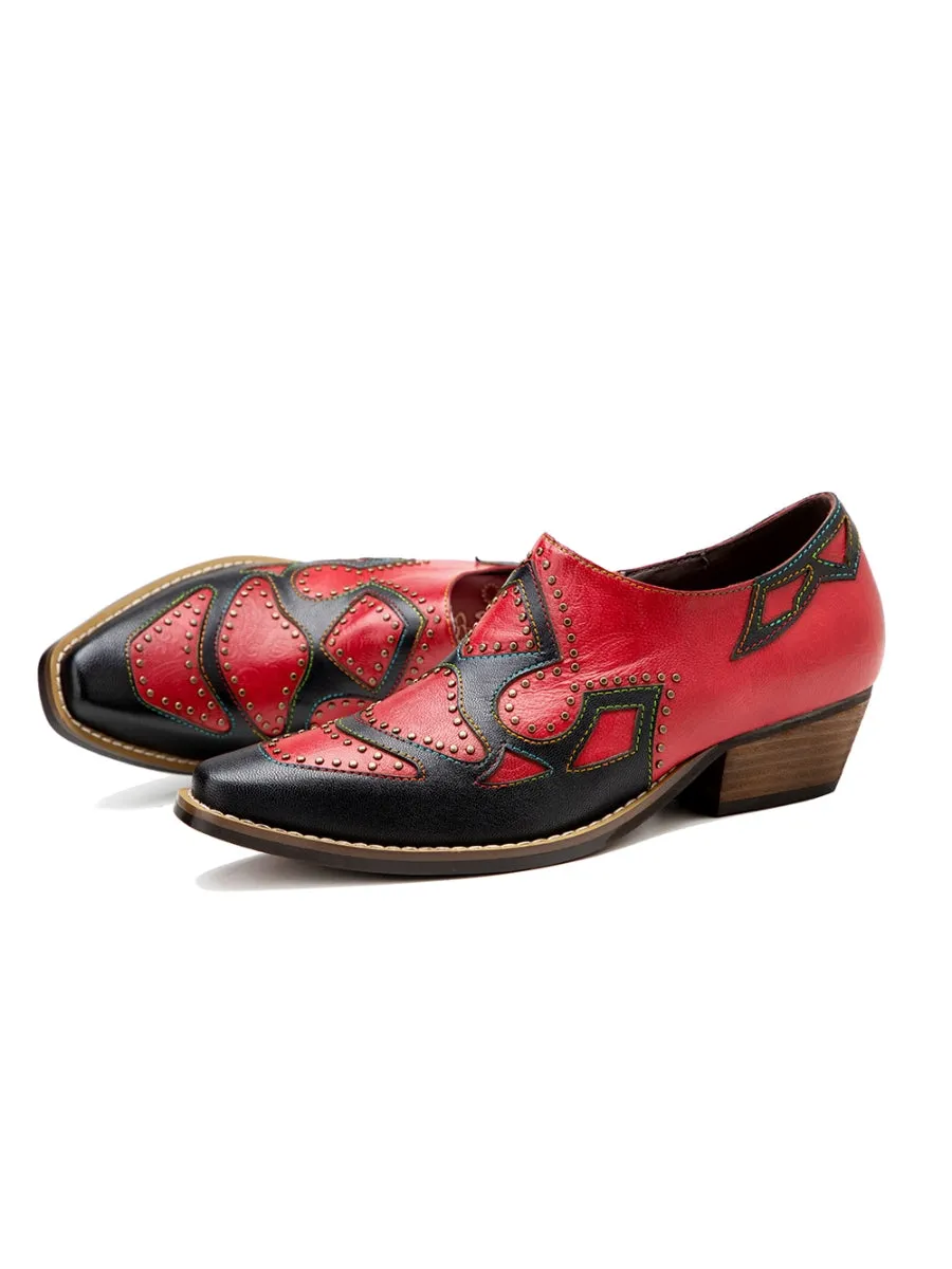 Studded  Genuine Leather Low Heel Loafers