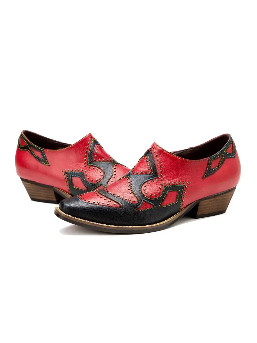 Studded  Genuine Leather Low Heel Loafers