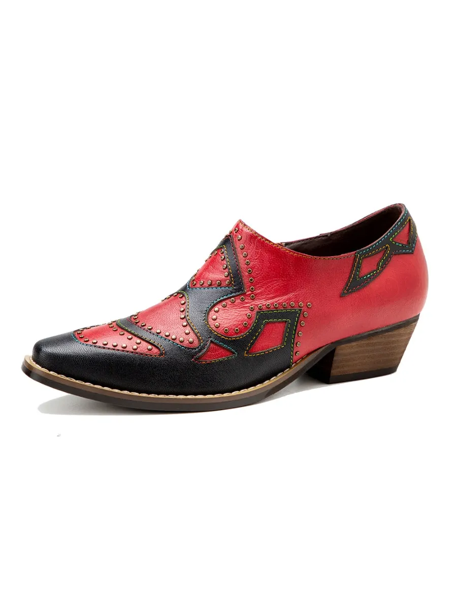 Studded  Genuine Leather Low Heel Loafers