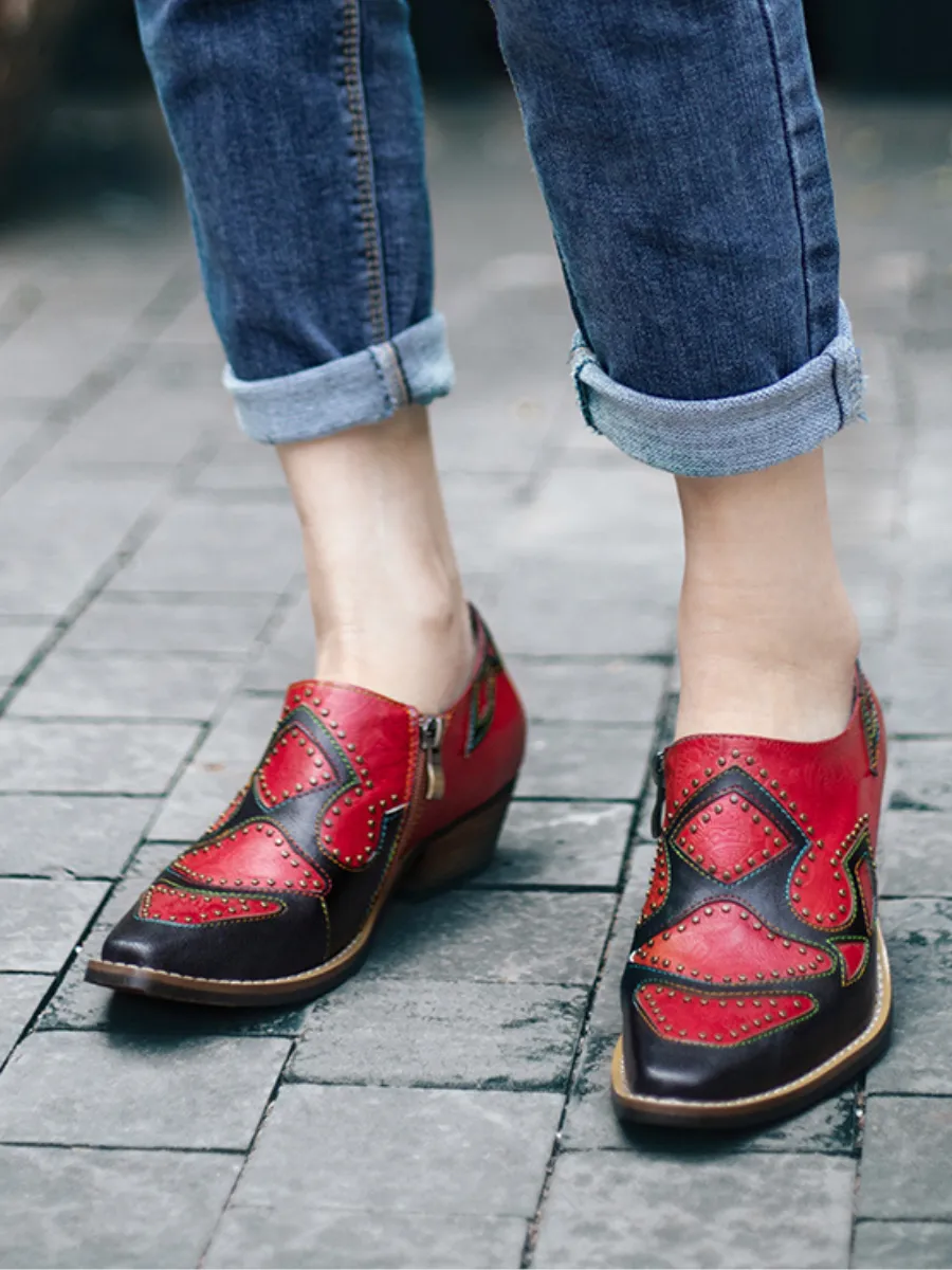 Studded Red & Black Genuine Leather Loafers Pumps