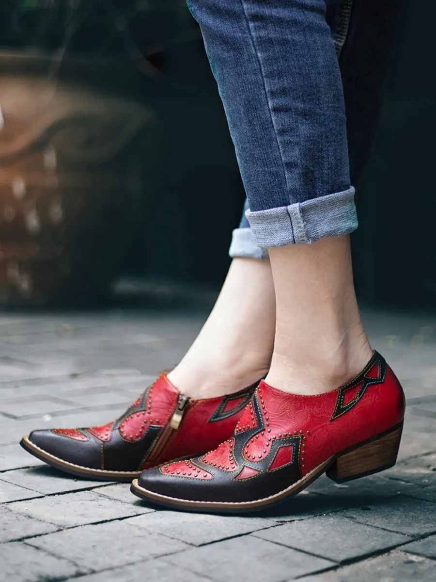 Studded Red & Black Genuine Leather Loafers Pumps
