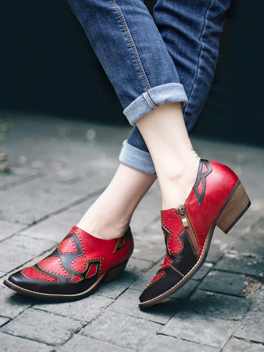 Studded Red & Black Genuine Leather Loafers Pumps