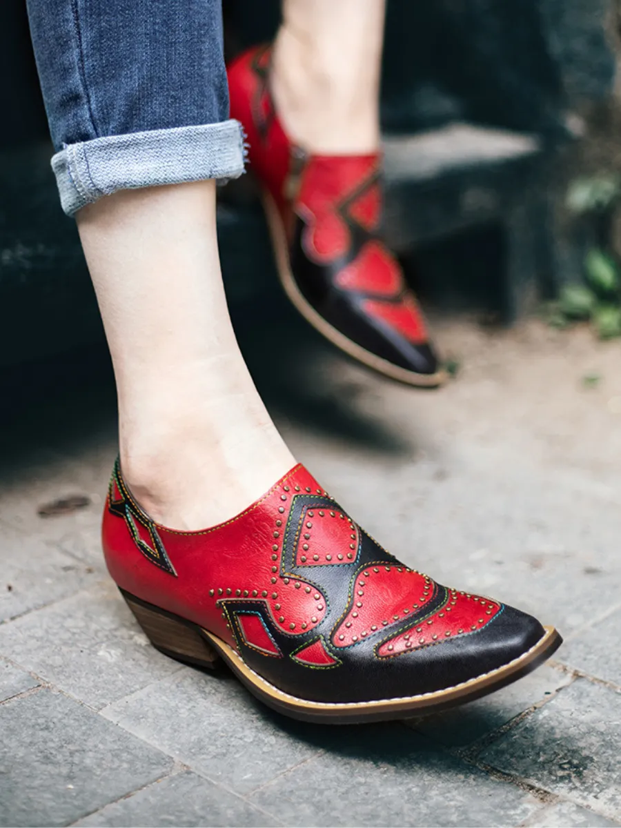 Studded Red & Black Genuine Leather Loafers Pumps