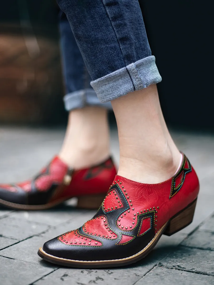 Studded Red & Black Genuine Leather Loafers Pumps