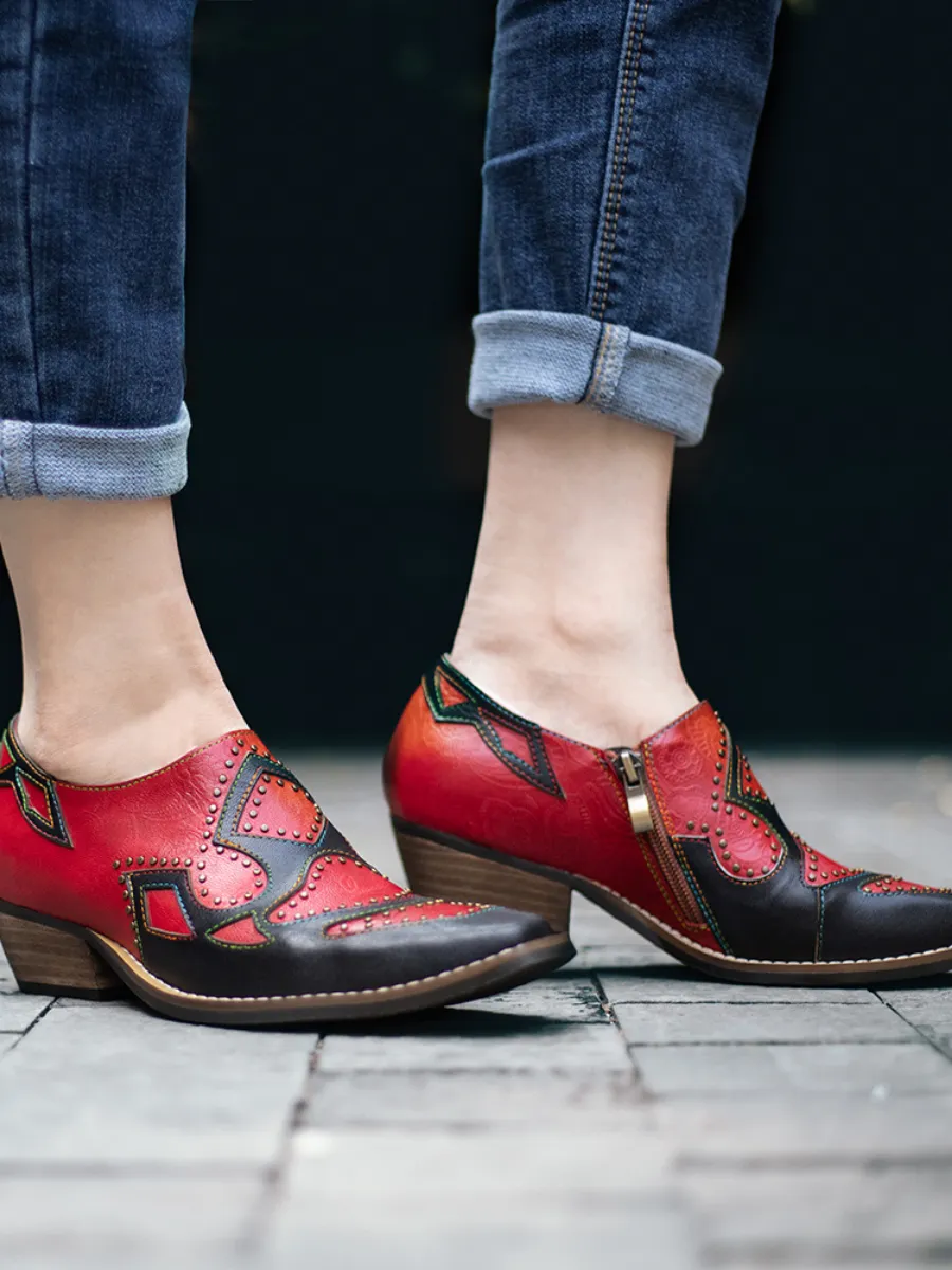 Studded Red & Black Genuine Leather Loafers Pumps