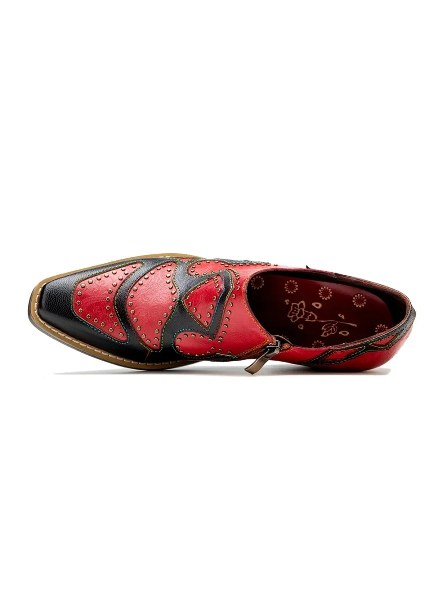 Studded Red & Black Genuine Leather Loafers Pumps