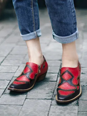Studded Red & Black Genuine Leather Loafers Pumps