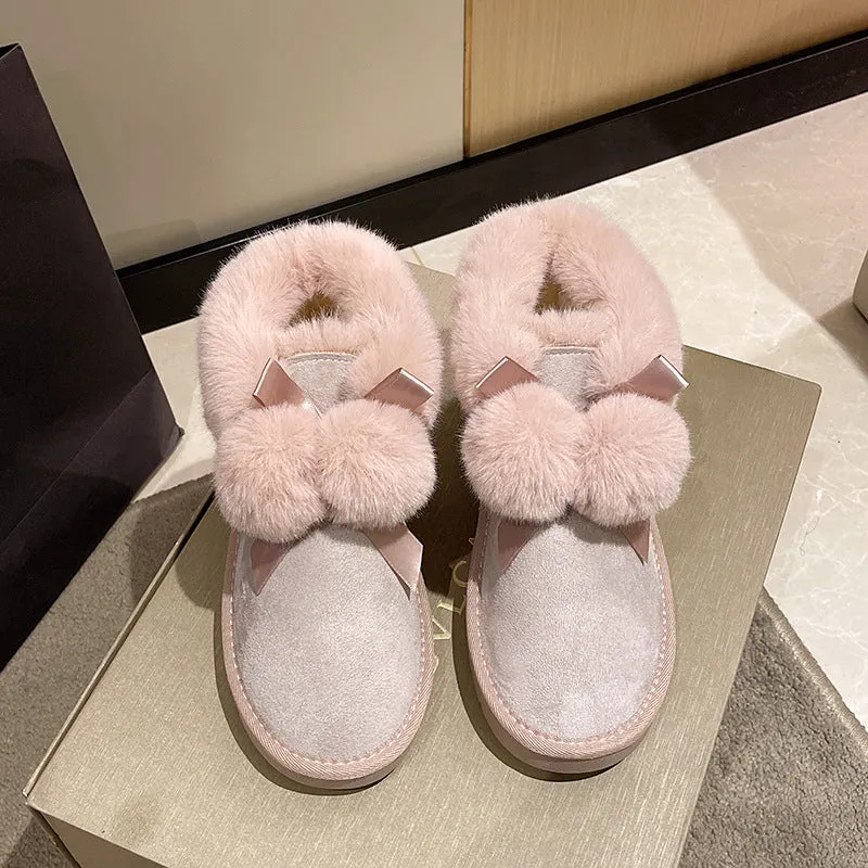 Stylish plush thermal hairball flat-bottomed snow boots
