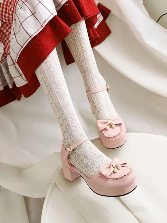 Sweet Lolita Sandals Round Toe Chunky Heel Bows PU Leather White Lolita Summer Ankle Strap Heels