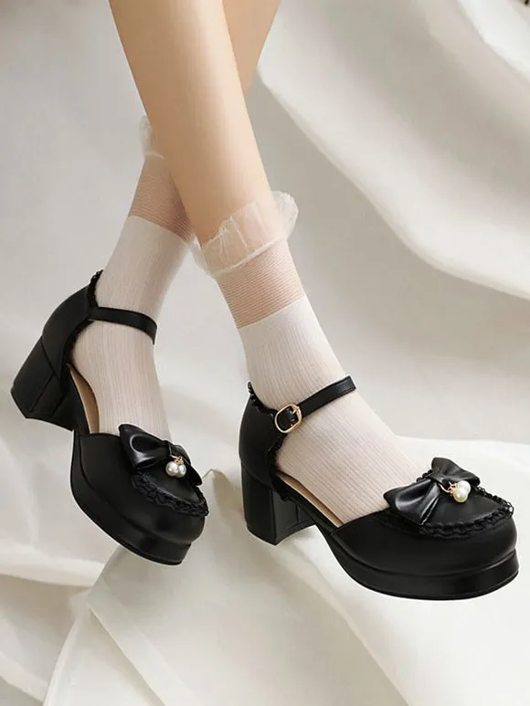 Sweet Lolita Sandals Round Toe Chunky Heel Bows PU Leather White Lolita Summer Ankle Strap Heels