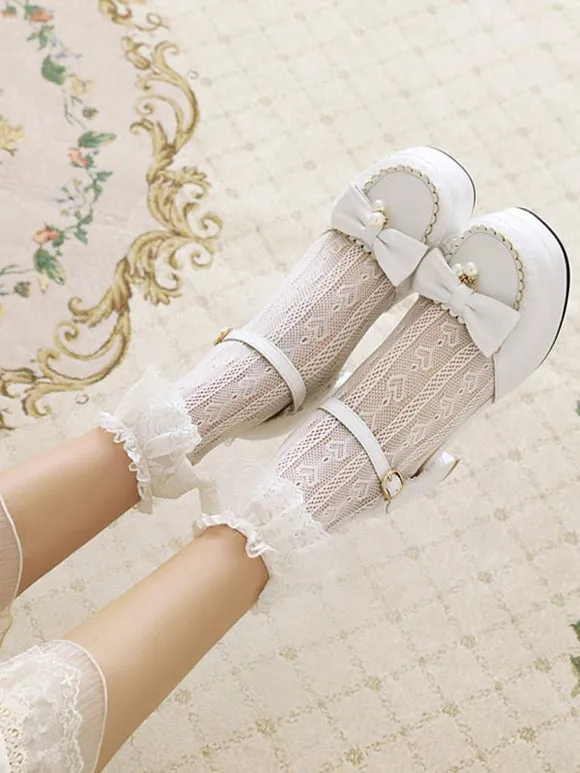 Sweet Lolita Sandals Round Toe Chunky Heel Bows PU Leather White Lolita Summer Ankle Strap Heels