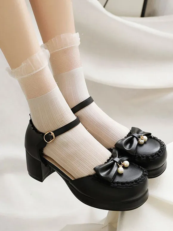 Sweet Lolita Sandals Round Toe Chunky Heel Bows PU Leather White Lolita Summer Ankle Strap Heels