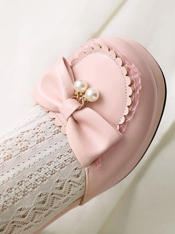 Sweet Lolita Sandals Round Toe Chunky Heel Bows PU Leather White Lolita Summer Ankle Strap Heels