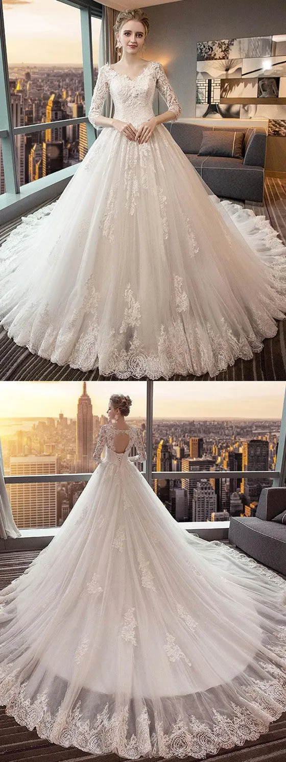 Unique 3/4 Sleeves Open-Back Lace Appliques Wedding Dresses With Train, WD0422