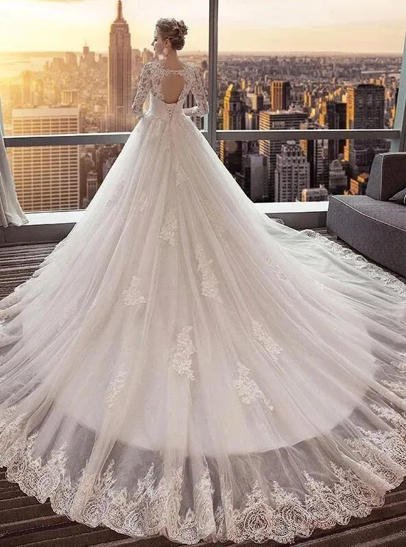 Unique 3/4 Sleeves Open-Back Lace Appliques Wedding Dresses With Train, WD0422