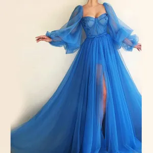 Unique A-line Blue Tulle Long Sleeves Modest Prom Dresses, PD2121