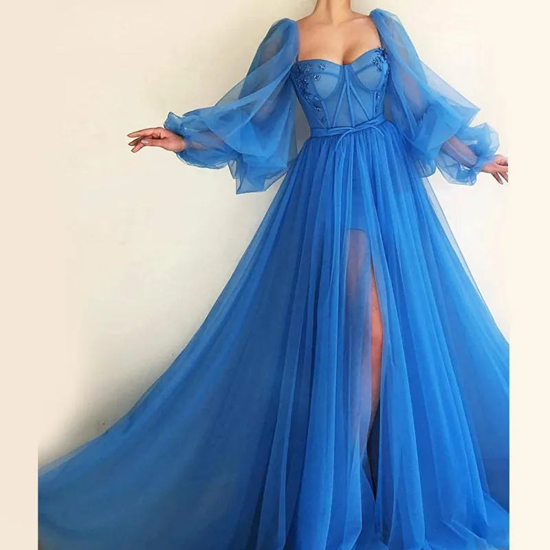 Unique A-line Blue Tulle Long Sleeves Modest Prom Dresses, PD2121
