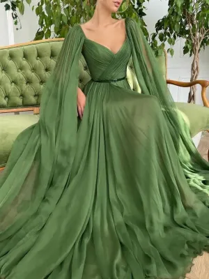 Unique Aline chiffon green long prom dress, chiffon green formal dress