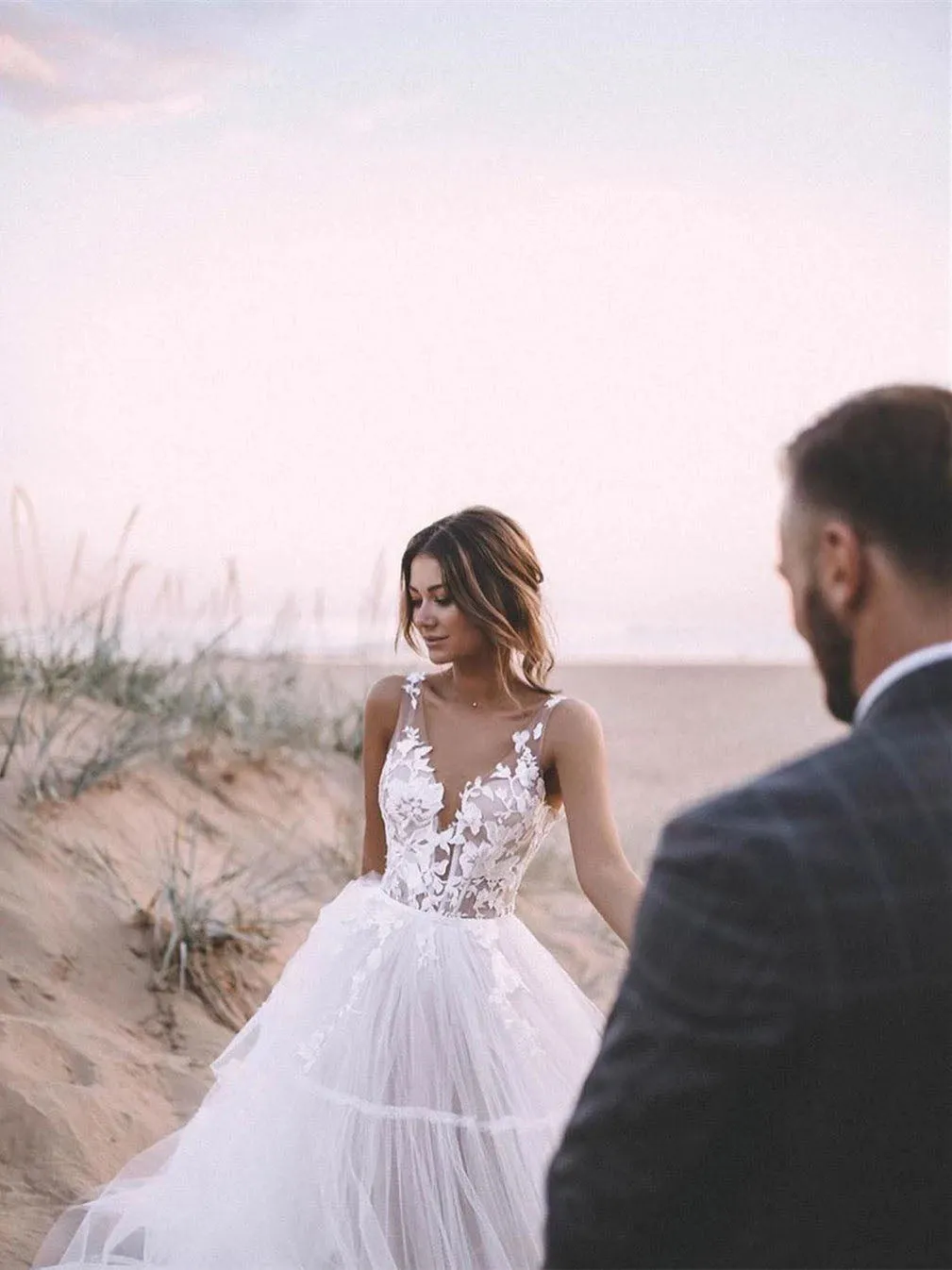Unique Appliqued A-line V Neck Tulle Wedding Dress With Chapel Train OKU43