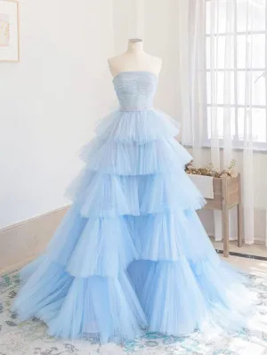 Unique blue tulle long prom dress blue Brush Train Dresses
