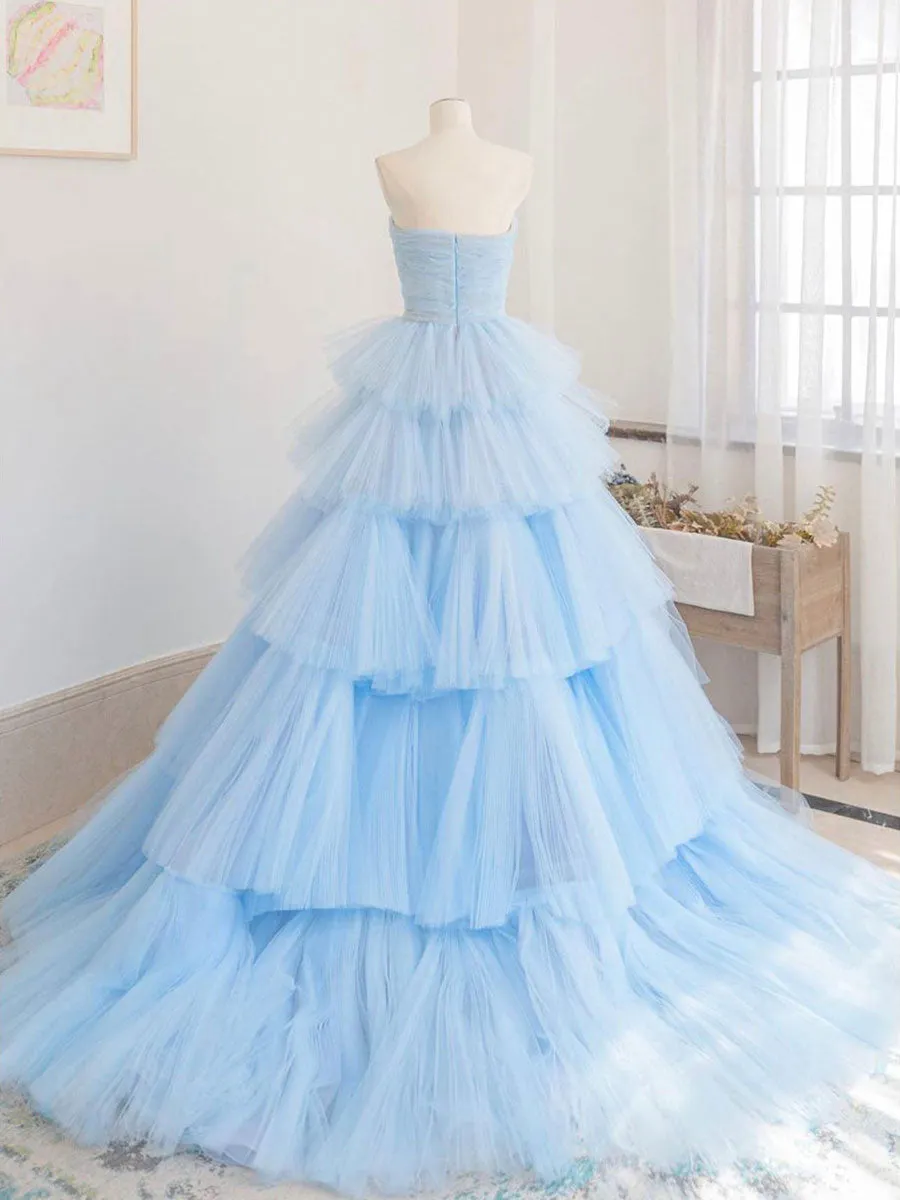 Unique blue tulle long prom dress blue Brush Train Dresses