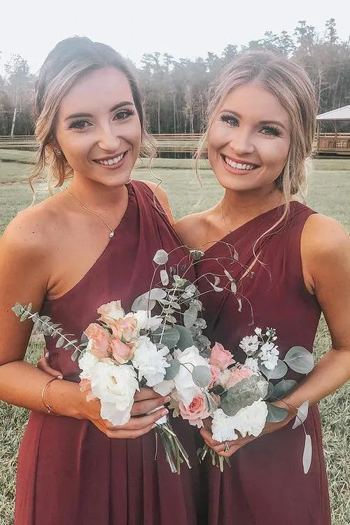 Unique Design Pretty Elegant Formal One Shoulder Burgundy Chiffon Long Bridesmaid Dresses, WG500