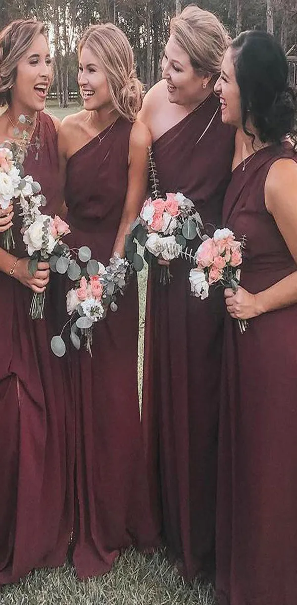 Unique Design Pretty Elegant Formal One Shoulder Burgundy Chiffon Long Bridesmaid Dresses, WG500