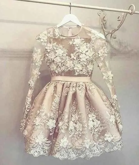 UNIQUE LONG SLEEVE CHAMPAGNE LACE SHORT PROM DRESS, LACE HOMECOMING DRESS WITH LONG SLEEVE