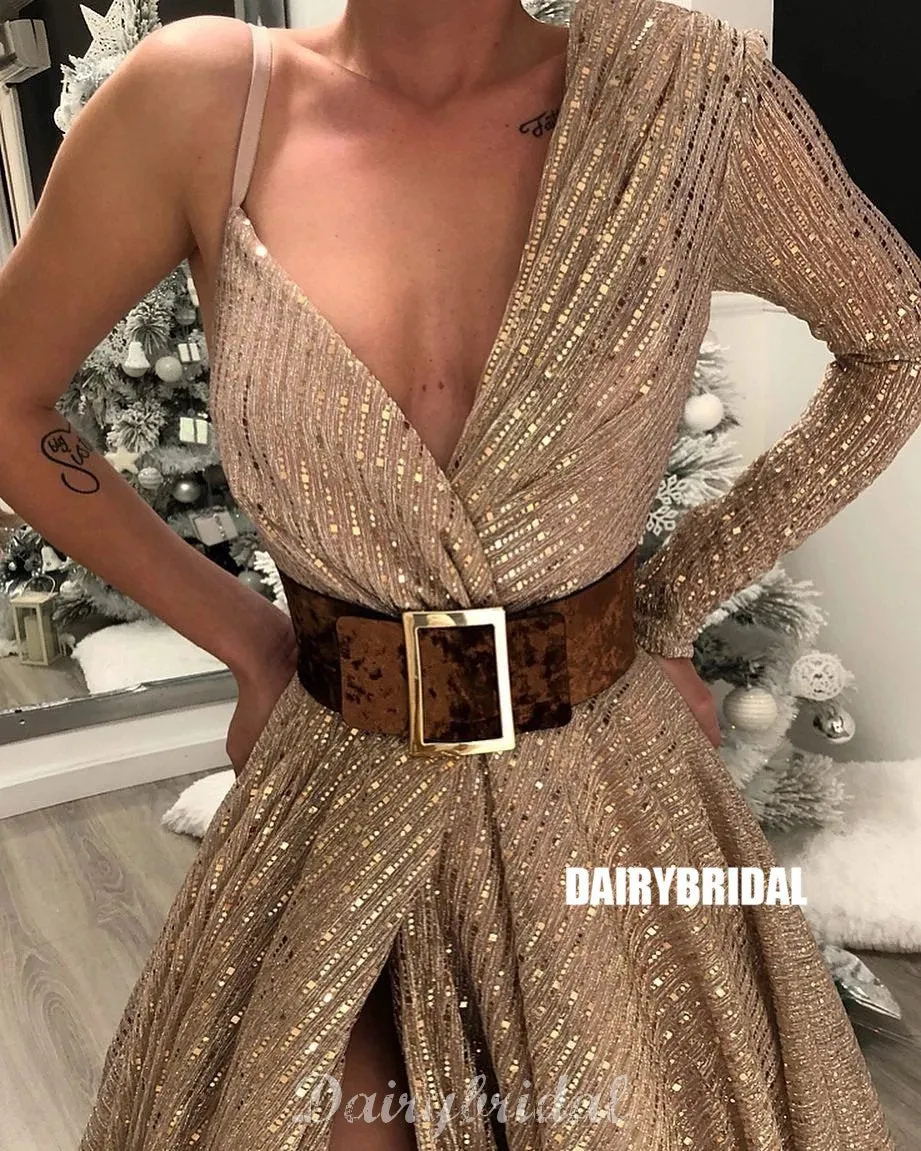 Unique Long Sleeve Sequin A-line Slit V-neck Prom Dresses, FC4143