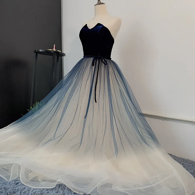 Unique Navy Blue Gradient Tulle with Velvet Top Prom Dress, Tulle Long Party Dress Formal Dress