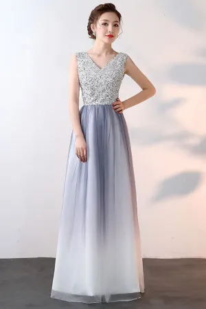 Unique Ombre Beaded A Line Long V Neck Sleeveless Prom Dresses OKA70