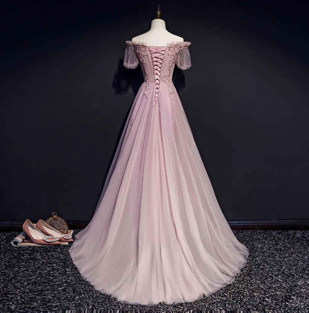 Unique Pink Off Shoulder with Lace Long Party Dress, Prom Gown