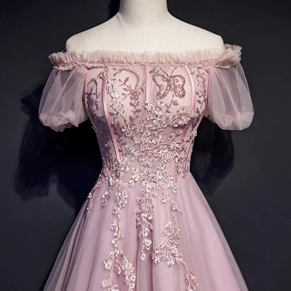 Unique Pink Off Shoulder with Lace Long Party Dress, Prom Gown