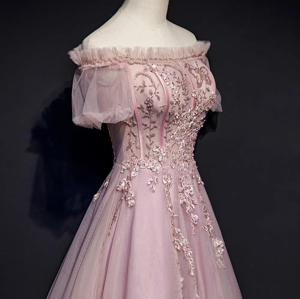 Unique Pink Off Shoulder with Lace Long Party Dress, Prom Gown