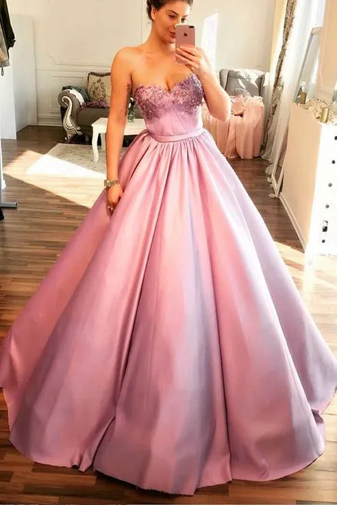 Unique Pink Sweetheart Modest Ball Gown Prom Dresses With Beading OKF65