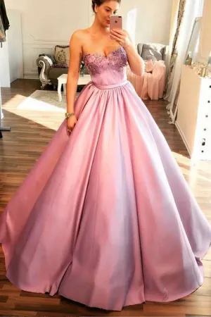 Unique Pink Sweetheart Modest Ball Gown Prom Dresses With Beading OKF65