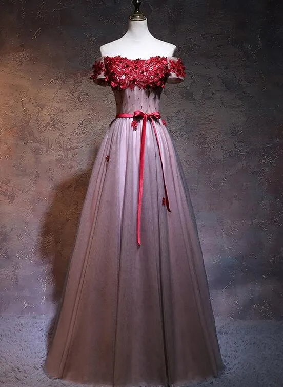 Unique Pink Tulle Off Shoulder Party Dress with Lace Applique, Pink Bridesmaid Dress