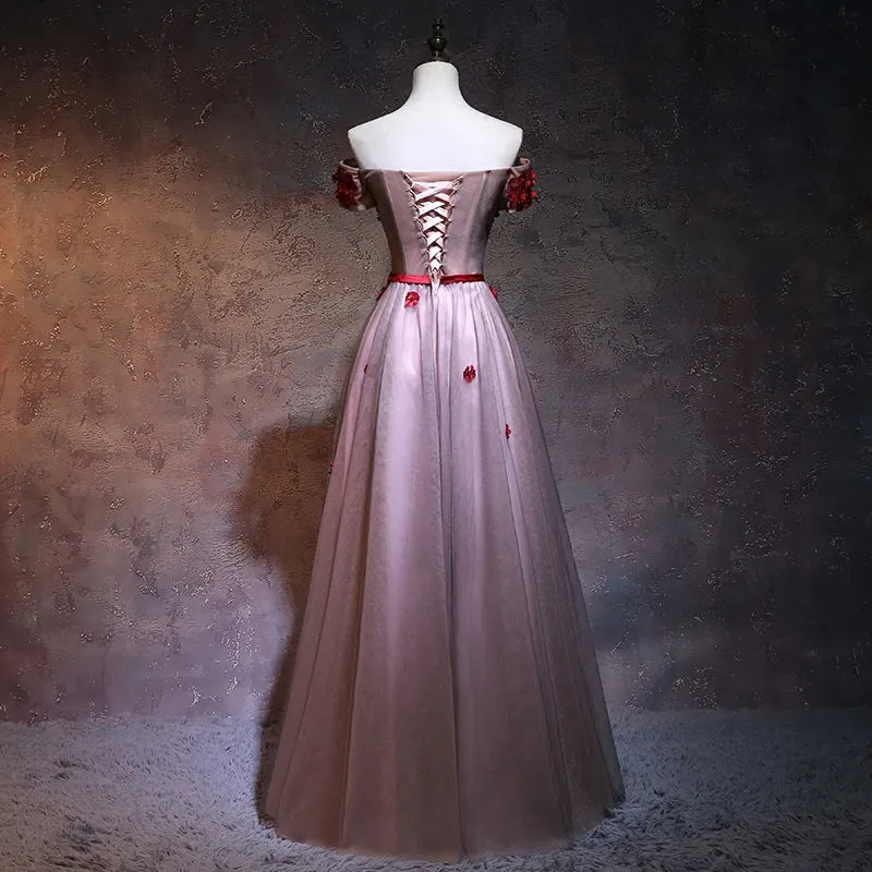 Unique Pink Tulle Off Shoulder Party Dress with Lace Applique, Pink Bridesmaid Dress