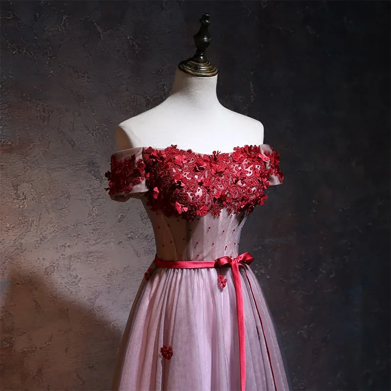 Unique Pink Tulle Off Shoulder Party Dress with Lace Applique, Pink Bridesmaid Dress