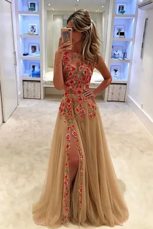 Unique Tulle Flower Appliques Sleeveless Long Formal Prom Dresses With Side Slit OK393