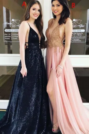 Unique V Neck Sleeveless A Line Long Formal Prom Dresses OKA10