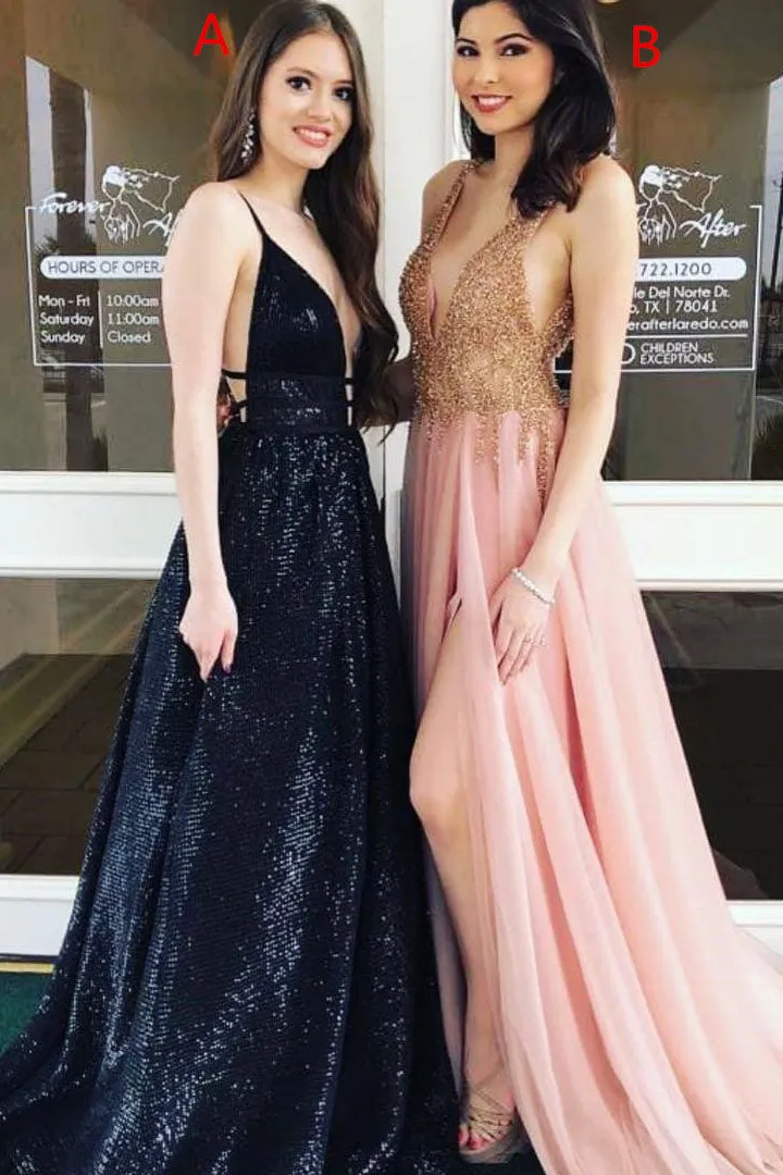 Unique V Neck Sleeveless A Line Long Formal Prom Dresses OKA10