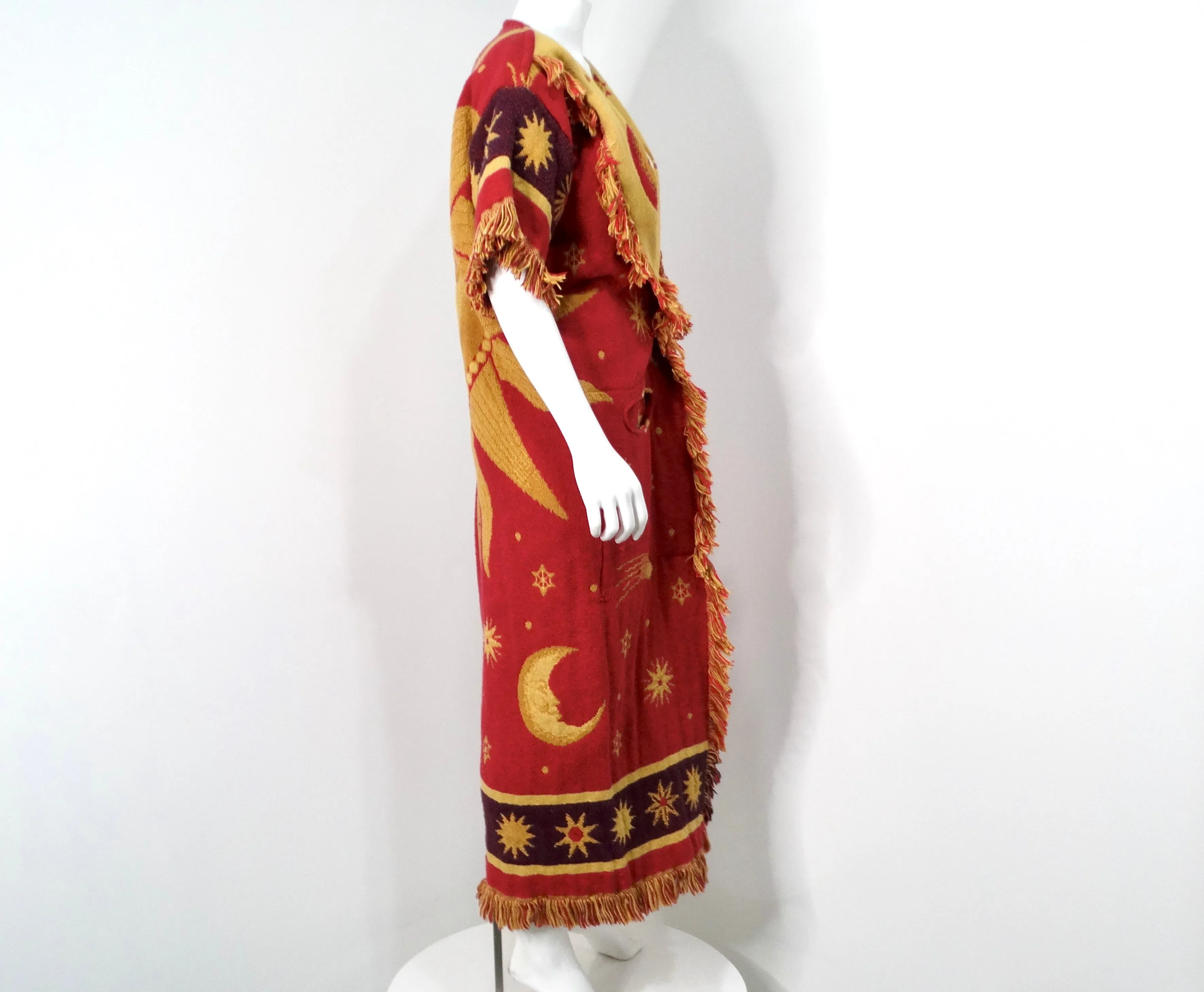 Vintage Celestial Print Fringe Cotton Kimono Jacket
