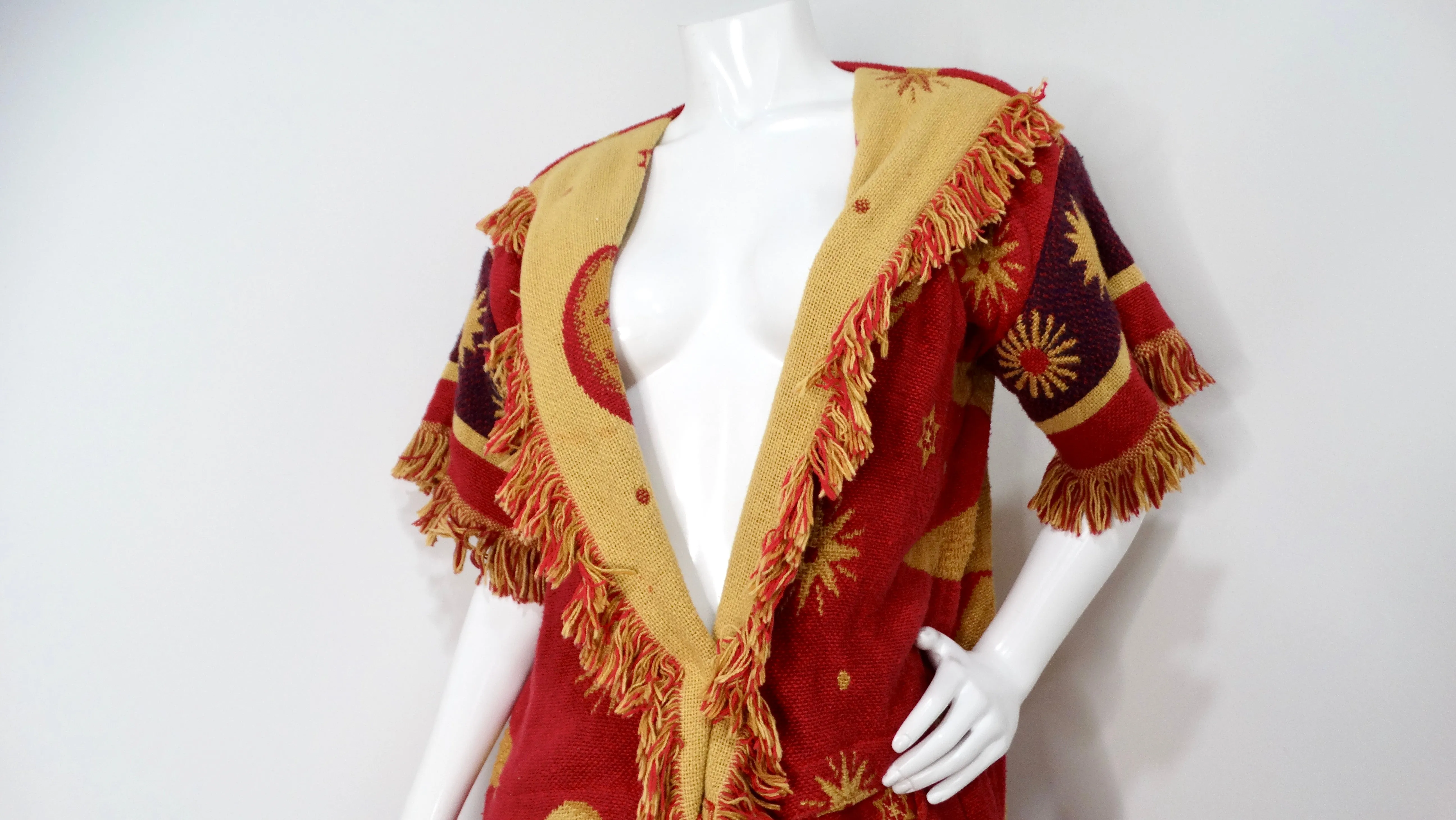 Vintage Celestial Print Fringe Cotton Kimono Jacket