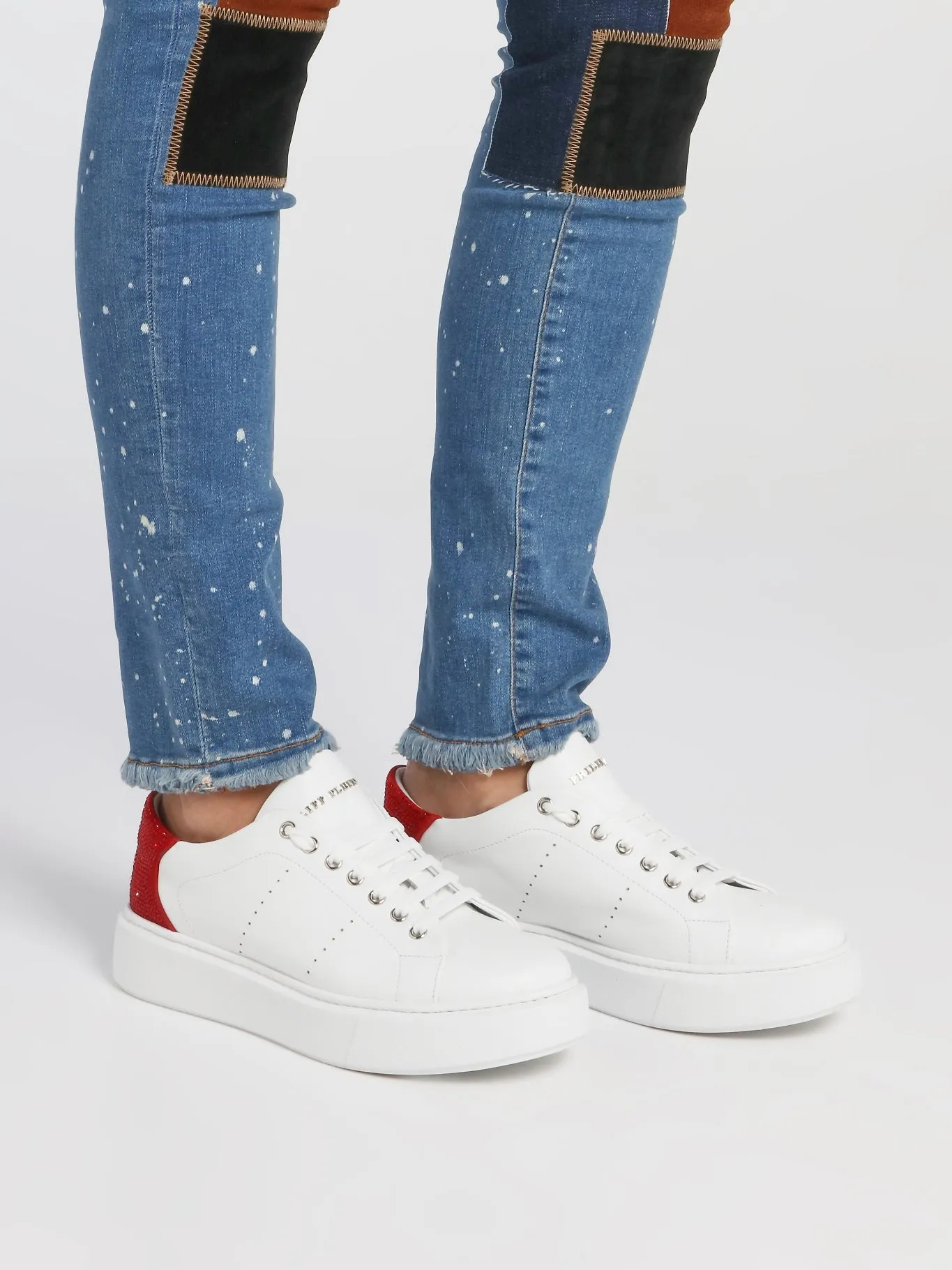 White Studded Heel Perforated Sneakers